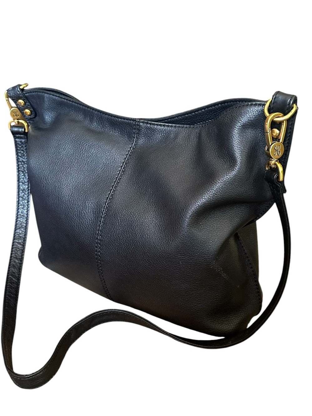HOBO Pier Black Leather Crossbody Shoulder Bag Brass Hardware EUC